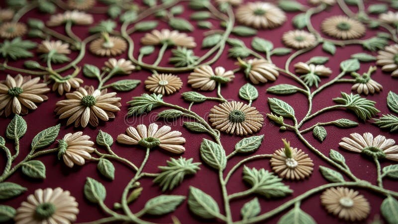 Intricate floral embroidery art on rich maroon fabric surface vector illustration