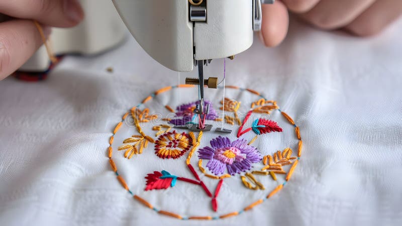 Intricate floral embroidery håller på att stänga av pulserande trådar och symaskiner som fångar upp delikat hantverk royaltyfria bilder
