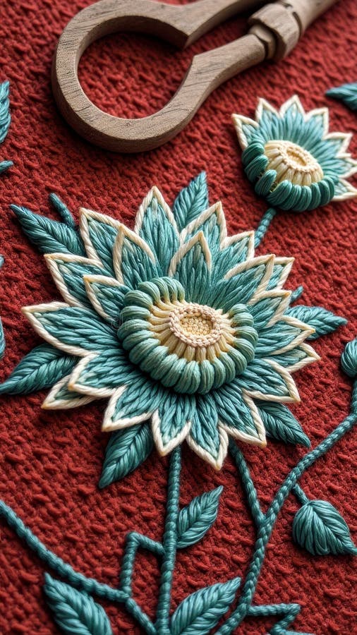 Intricate floral embroidery on textured fabric with wooden hoop stock images