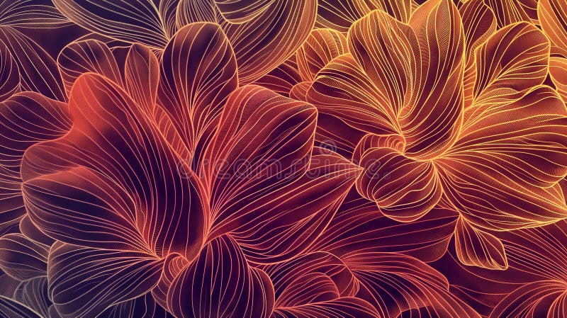 Intricate floral patterns in glowing orange and gold lines, creating an abstract, luminous garden vector illustration
