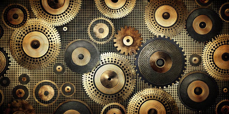 Intricate gearwork a tapestry of golden and dark metal cogs interlocking on a perforated background. Generative AI royalty free illustration