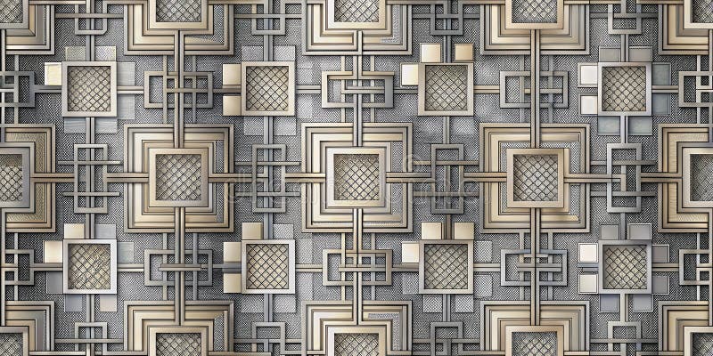Intricate geometric metalwork design featuring interlocking squares and grid patterns. Generative AI stock illustration