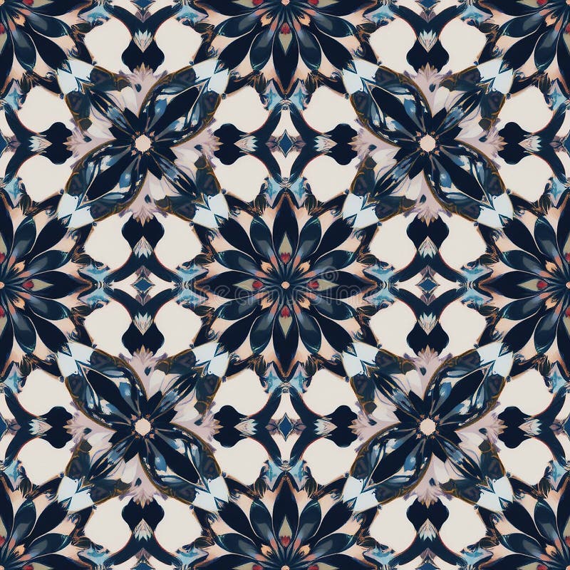 Intricate geometric pattern featuring dark petal-like motifs arranged in a stock illustration