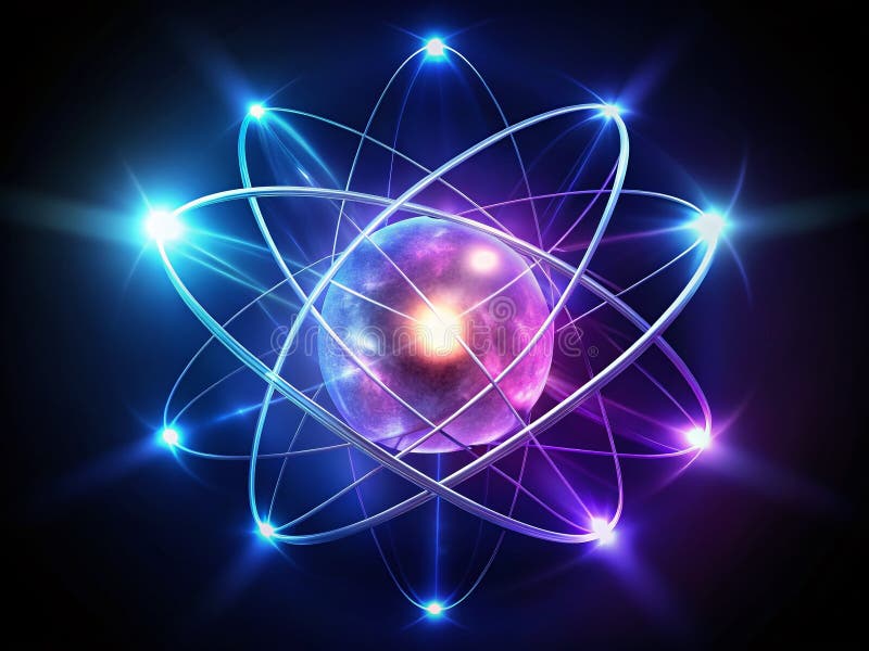 Intricate Glowing Atom Model A Detailed Visualization of Atomic Structure Orbits and Electrons Against a Pristine White stock illustration