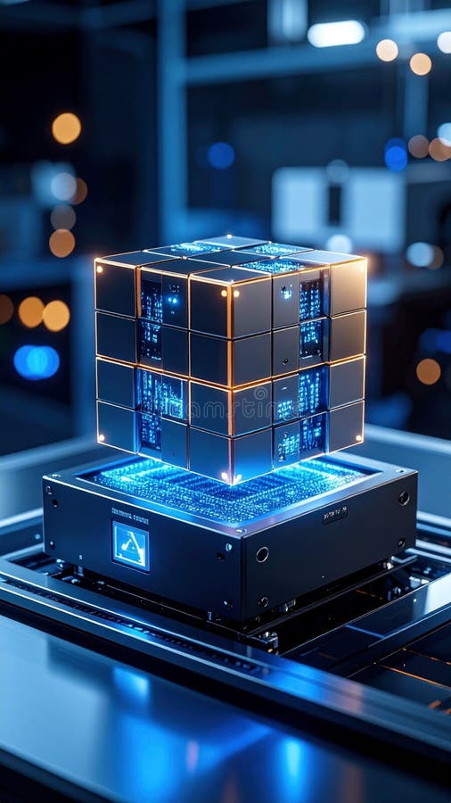 Intricate glowing cube above an advanced electronic system processing data in a dark futuristic environment royalty free stock photo