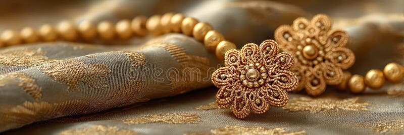 Intricate gold jewelry on elegant fabric background royalty free stock photography