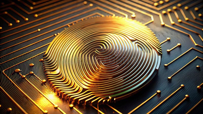 Intricate golden fingerprint embedded on a circuit board representing technology and identity stock illustration