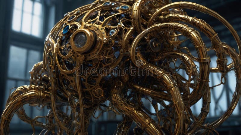 Intricate golden robot with a large lens stock illustration