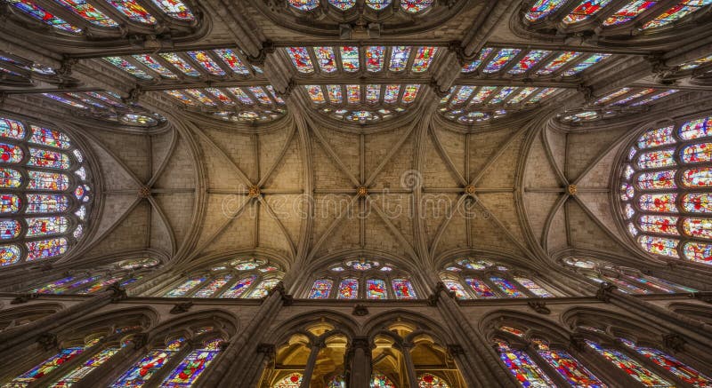 Intricate Gothic Cathedral Ceiling with Stached Glass vektor illustrationer