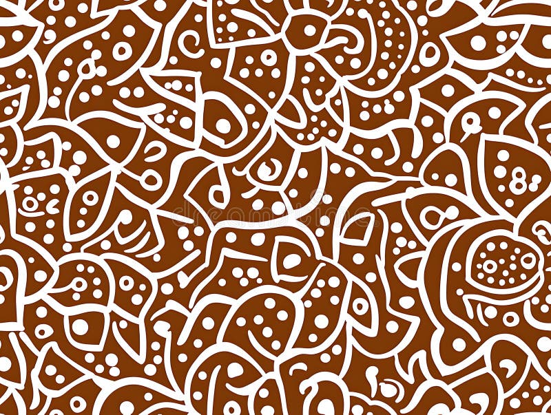 Intricate henna pattern with artistic fish shapes and dots in white on brown background creating lively design stock illustration