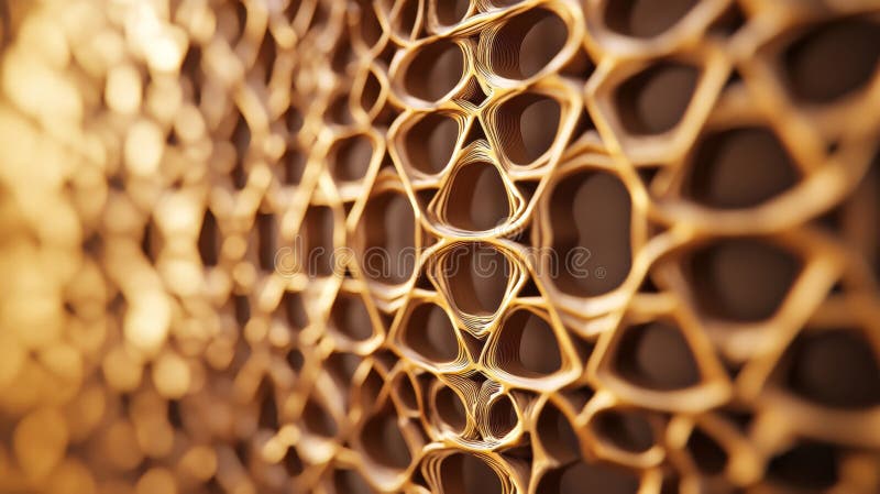 Intricate honeycomb structure with golden hexagonal patterns stock image