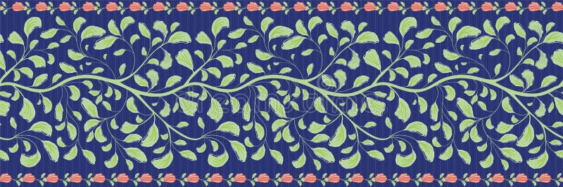 Intricate indian floral border with green leaves and coral flower edge. Seamless vector pattern on striped dark blue vector illustration Intricate indian floral border with green leaves and coral flower edge. Seamless vector pattern on striped dark blue vector illustration