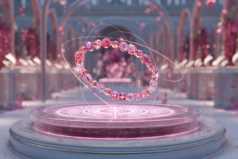 Intricate jewelry display in a magical garden during daylight with sparkling gemstones and ethereal ambiance stock image