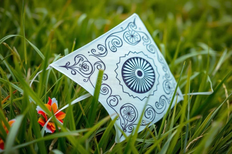 Intricate Kite on Green Grass stock illustration