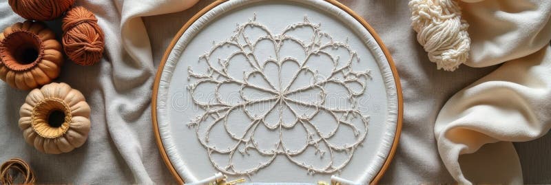 Intricate lace embroidery in hoop omgiven av tråd och tyg royaltyfri bild