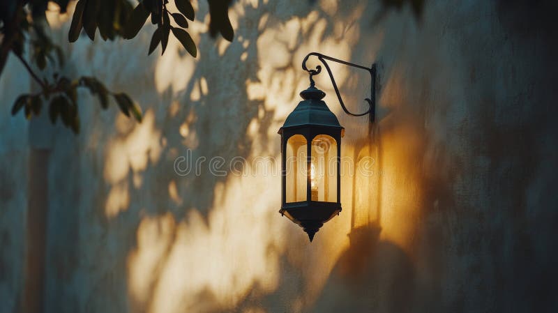 Intricate lantern casting shadows on warm wall during late afternoon royalty free stock images