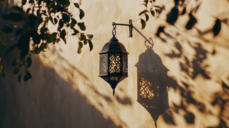 Intricate lantern casting shadows on warm wall during late afternoon stock photo