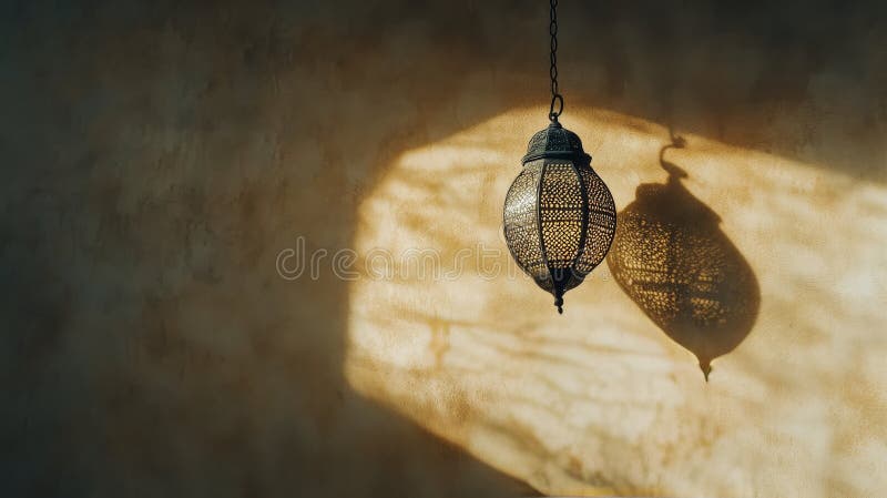 Intricate lantern casting shadows on warm wall during late afternoon stock image
