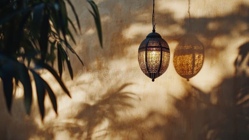 Intricate lantern casting shadows on warm wall during late afternoon stock images
