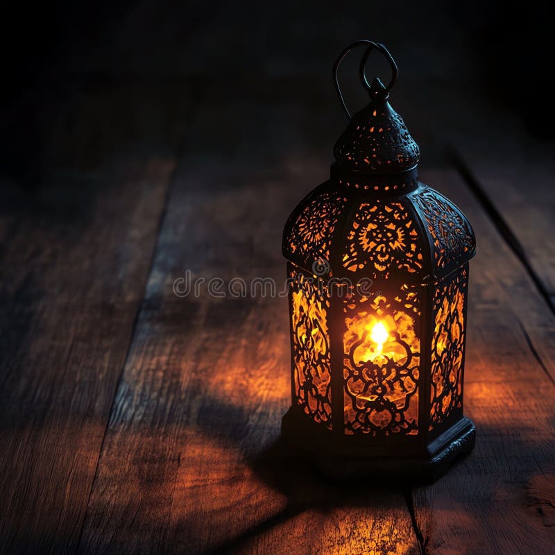 Intricate Lantern Glows Warmly on Wooden Table, Casting Shadows, Illuminating Night stock photo