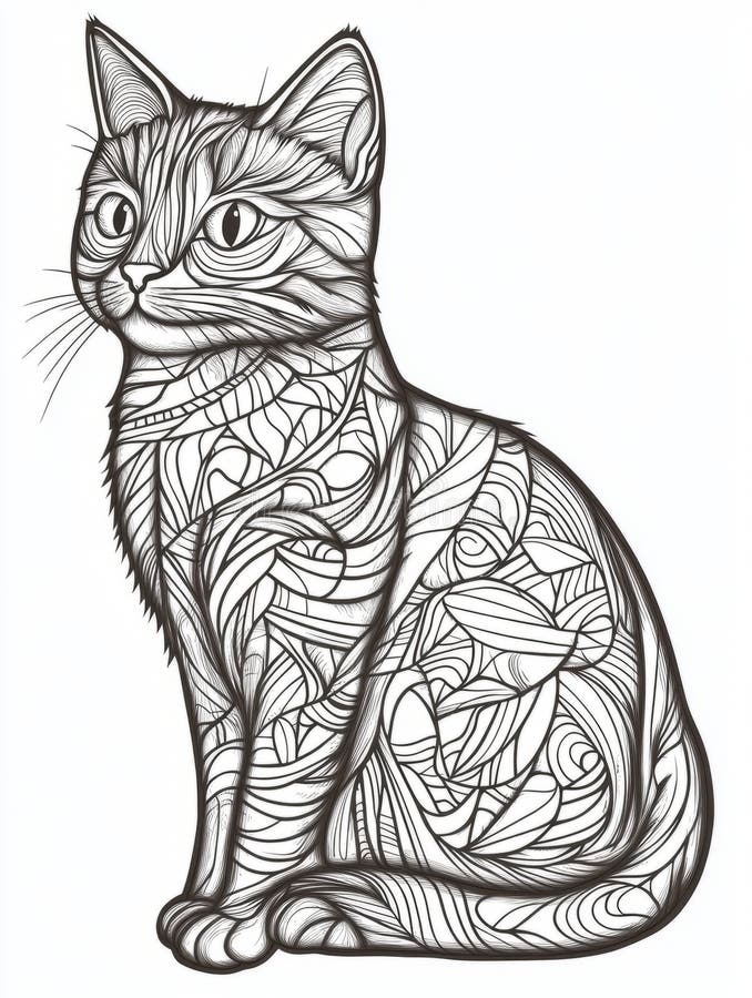 Intricate line art cat illustration with zentangle patterns. royalty free stock images