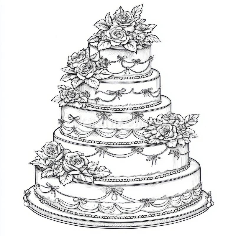 Intricate line art of tiered wedding cake with roses. royalty free stock images