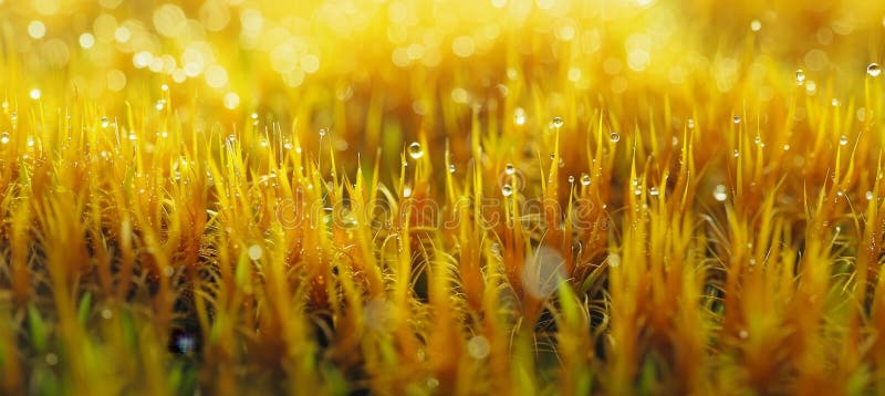 Intricate macro capture of vibrant green moss bedecked with shimmering dew droplets royalty free illustration