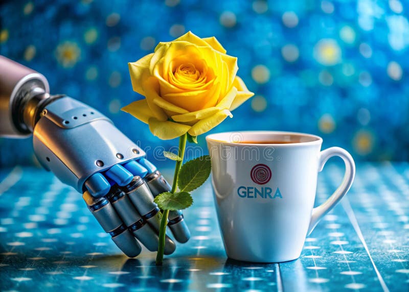 Intricate Macro of a Robot Holding a Yellow Rose Blue Cup and Generative AI Pattern A Stunning Visual stock illustration
