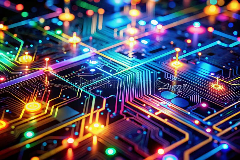 Intricate Macro View of Glowing Digital Circuitry A Detailed Exploration of Abstract Lines and Dots royalty free illustration