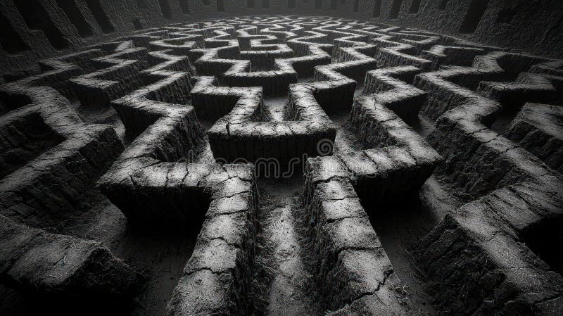Intricate Maze Pattern in Dark Textured Surroundings with Depth Perspectives and Shadows stock illustration