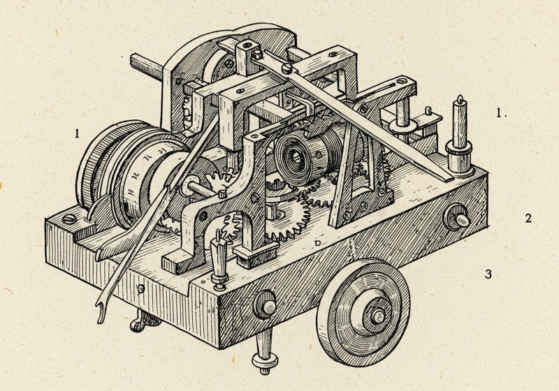 Intricate mechanical drawing of a complex machine featuring gears, wheels, levers royalty free illustration