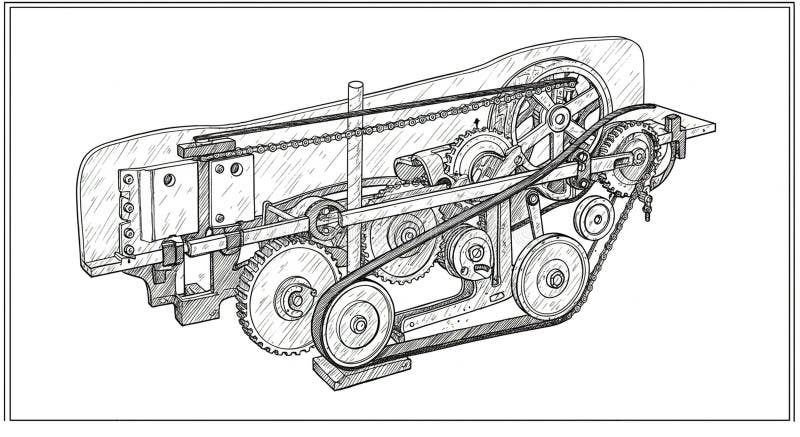 Intricate mechanical drawing showcasing a system of interconnected gears, pulleys stock illustration