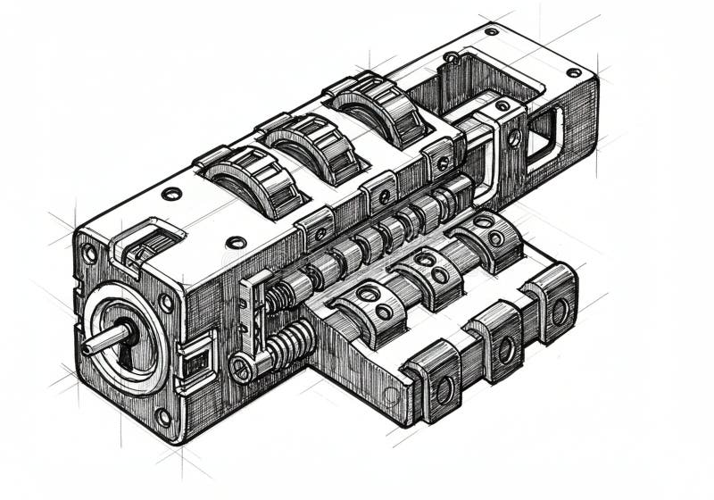 Intricate mechanical drawing sketch of a rectangular component, possibly a part of a vector illustration