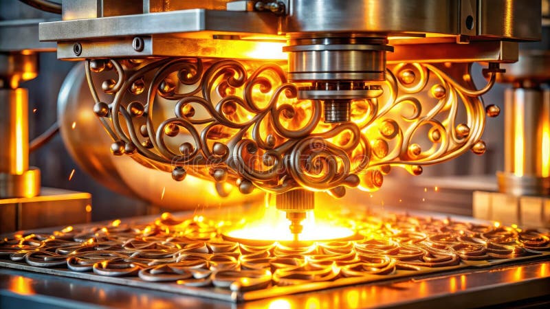 Intricate metalwork fabrication precision machinery creates ornate designs with glowing embers. Generative AI stock illustration