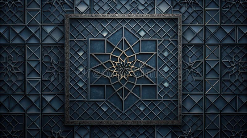 Intricate metalwork panel featuring geometric and floral designs in deep blue tones. Generative AI stock illustration