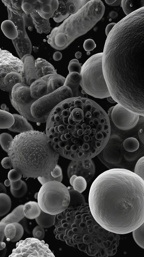 Intricate Microbial Universe Captured in Monochromatic Detail, Showcasing Diverse Forms and Structures of Microscopic Organisms royalty free stock image