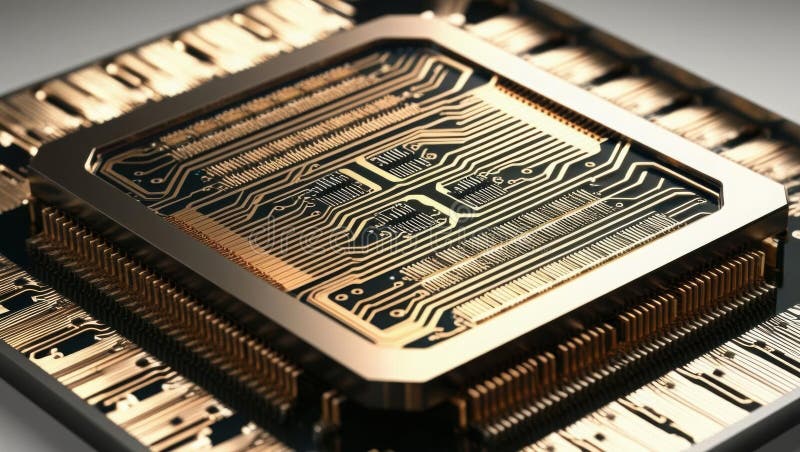 Intricate microchip close up showcasing detailed layers and circuits, enhanced by vibrant lighting effects, highlighting vector illustration