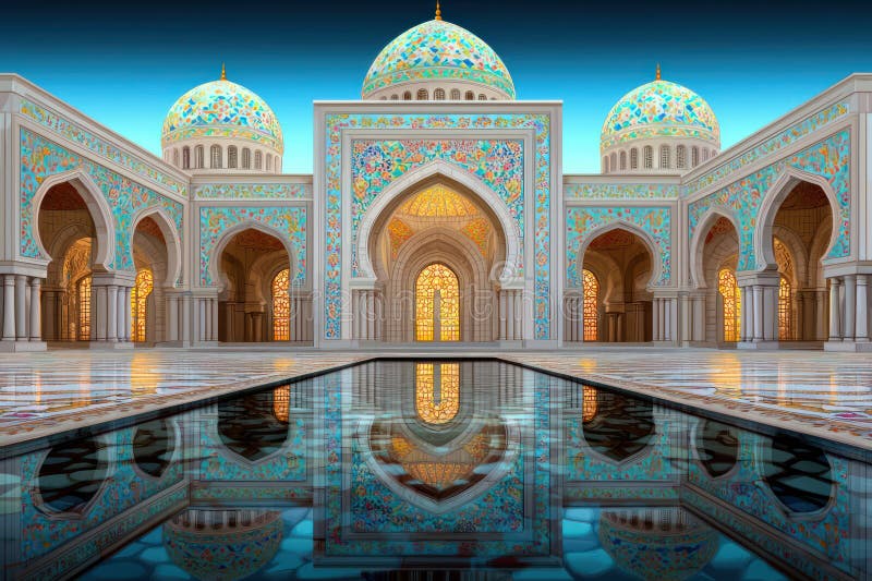 Intricate mosque architecture with colorful domes and reflective water. AI generated