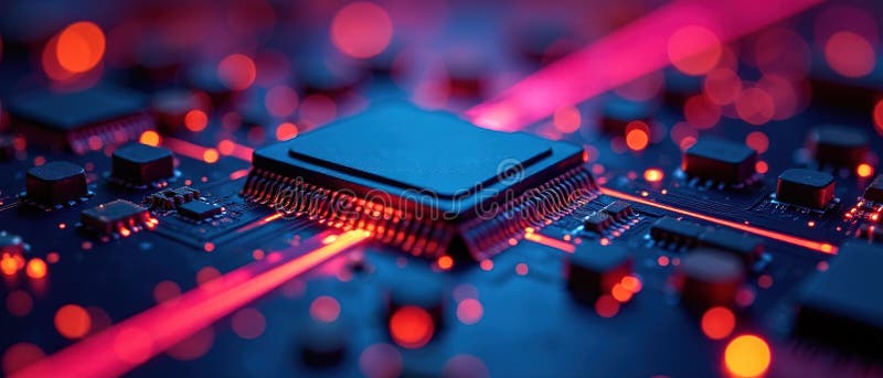 Intricate Network of Illuminated Fibre Optics on a Circuit Board A Glowing Macro Photography of Advanced Electronic royaltyfri illustrationer