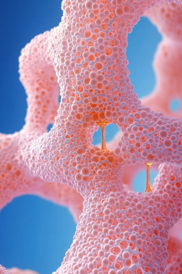 Intricate network of pink and orange bubbles forms a unique abstract structure, displaying various sizes and shapes stock photos