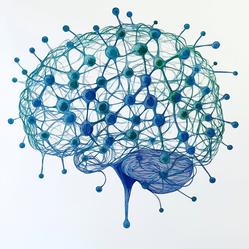 Intricate neural network design in blue and green hues stock image
