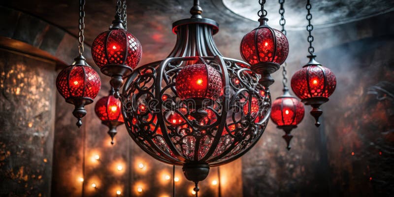Intricate ornate red glass hanging lamp fixture with warm light illumination. Generative AI royalty free illustration