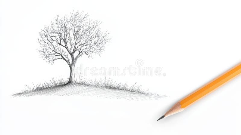 Intricate pencil drawing of a tree on blank white paper, study in light and shadow vector illustration