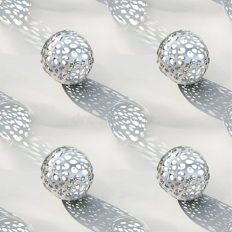 Intricate, perforated spheres catch and refract light, creating a mesmerizing, kaleidoscopic display of ethereal elegance.. royalty free illustration
