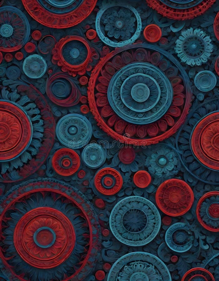 Intricate red and blue circular patterns creating a textured abstract fabric background, Generative AI royalty free illustration