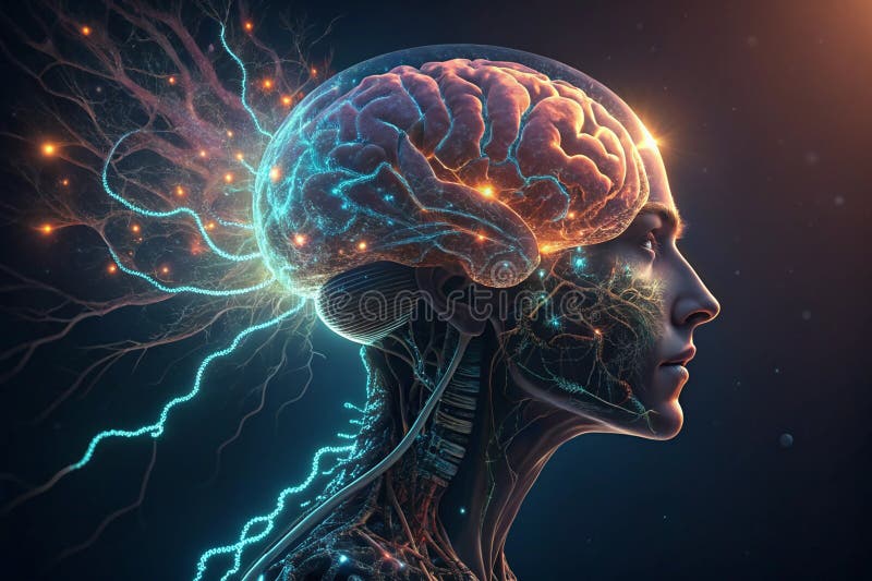 An intricate robot brain, alive with the dance of electric currents, processing a myriad of sensor perceptions and evolving action vector illustration