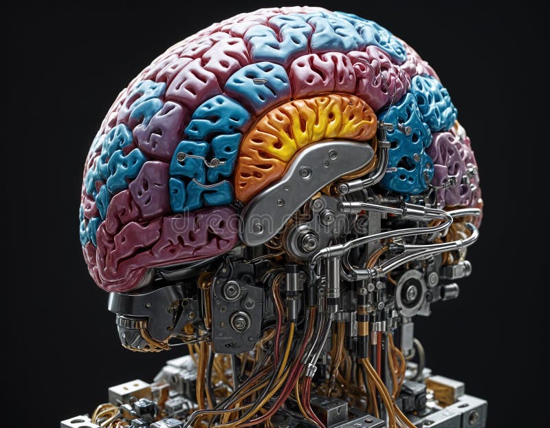 An intricate robot brain, alive with the dance of electric currents, processing a myriad of sensor perceptions and evolving action royalty free illustration