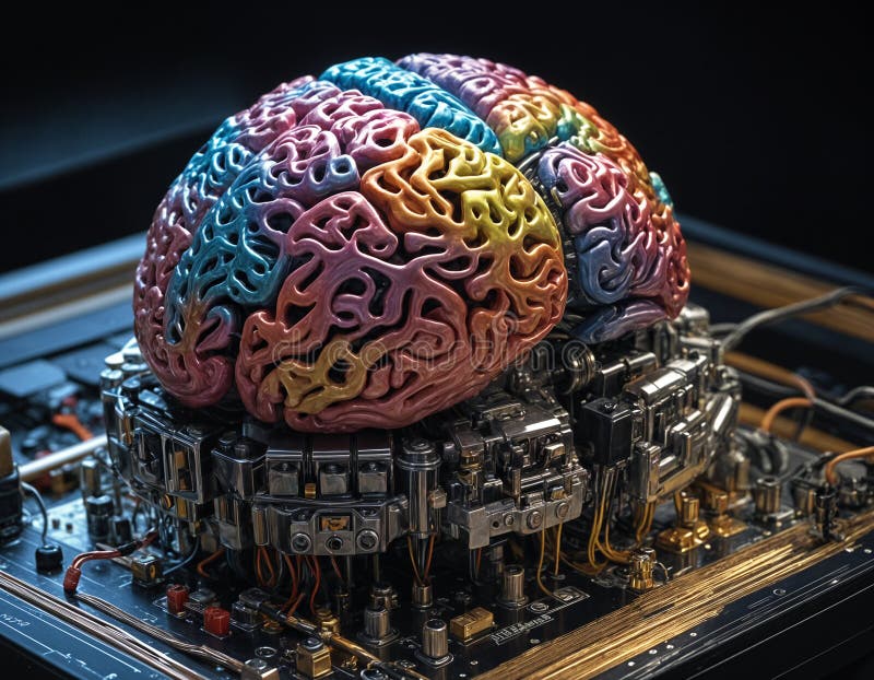 An intricate robot brain, alive with the dance of electric currents, processing a myriad of sensor perceptions and evolving action stock illustration