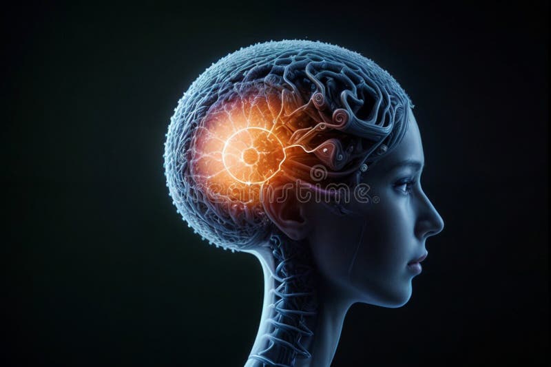 An intricate robot brain, alive with the dance of electric currents, processing a myriad of sensor perceptions and evolving action royalty free illustration