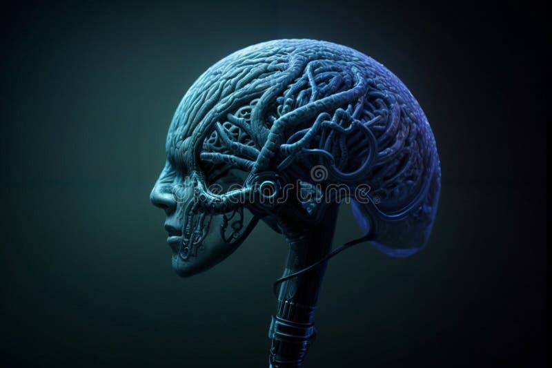 An intricate robot brain, alive with the dance of electric currents, processing a myriad of sensor perceptions and evolving action stock illustration